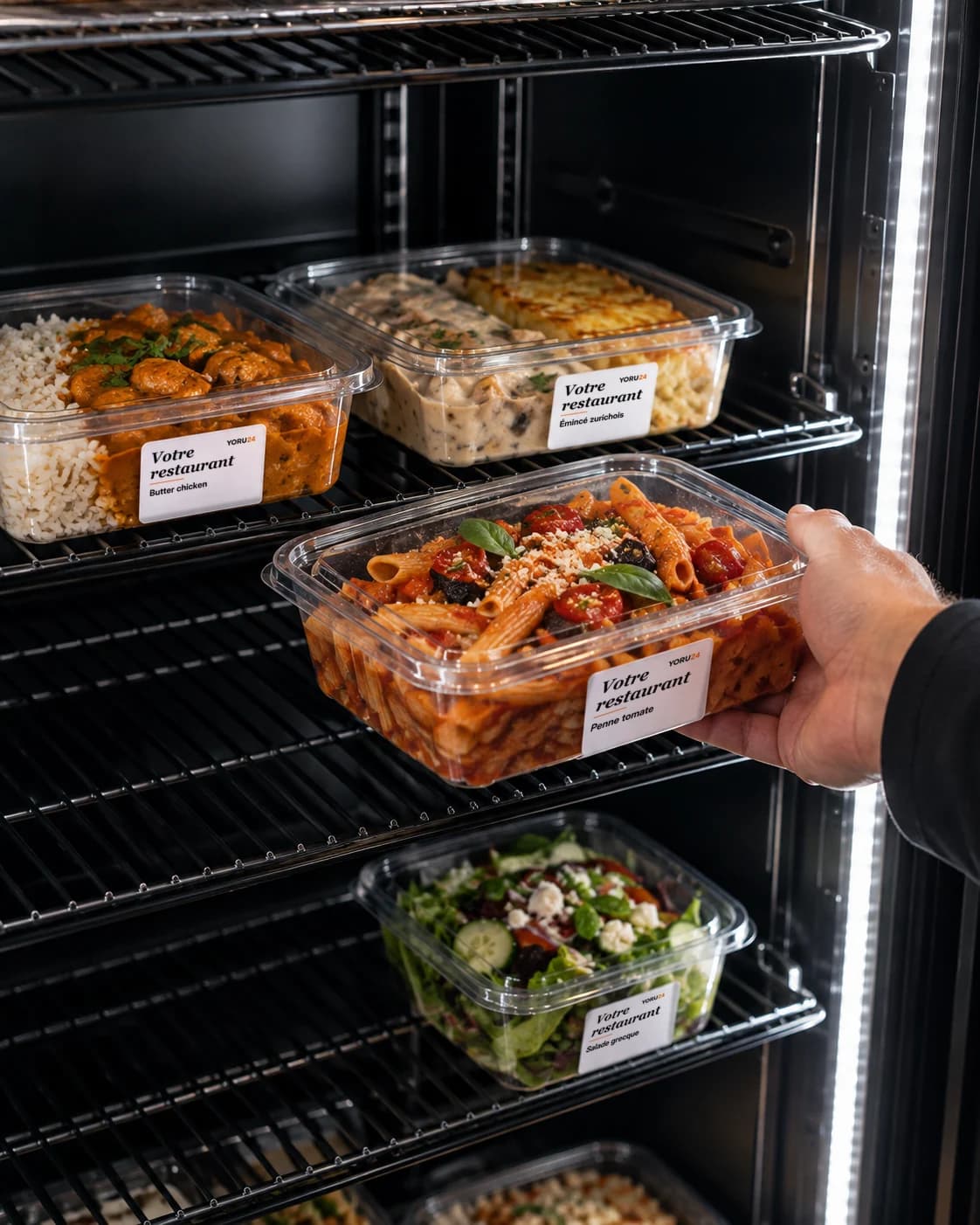 Une main pose une barquette de penne dans la vitrine, à côté d'autres plats étiquetés au nom du restaurant.