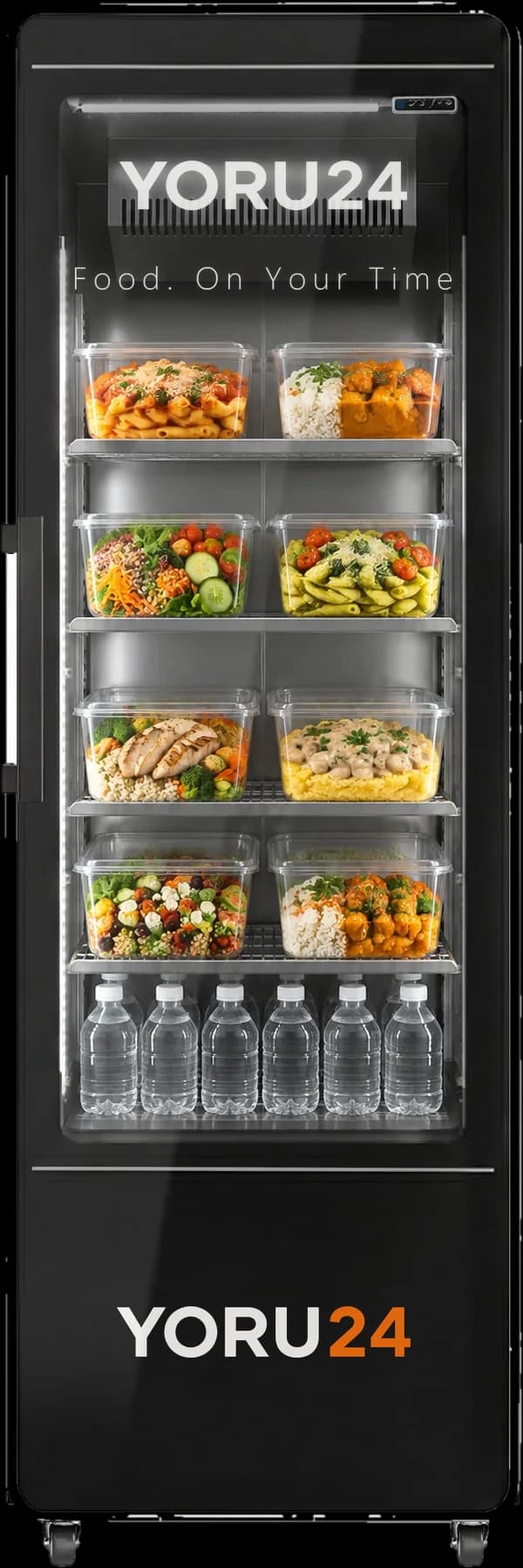 La vitrine réfrigérée, garnie de repas en barquettes et de bouteilles d'eau.
