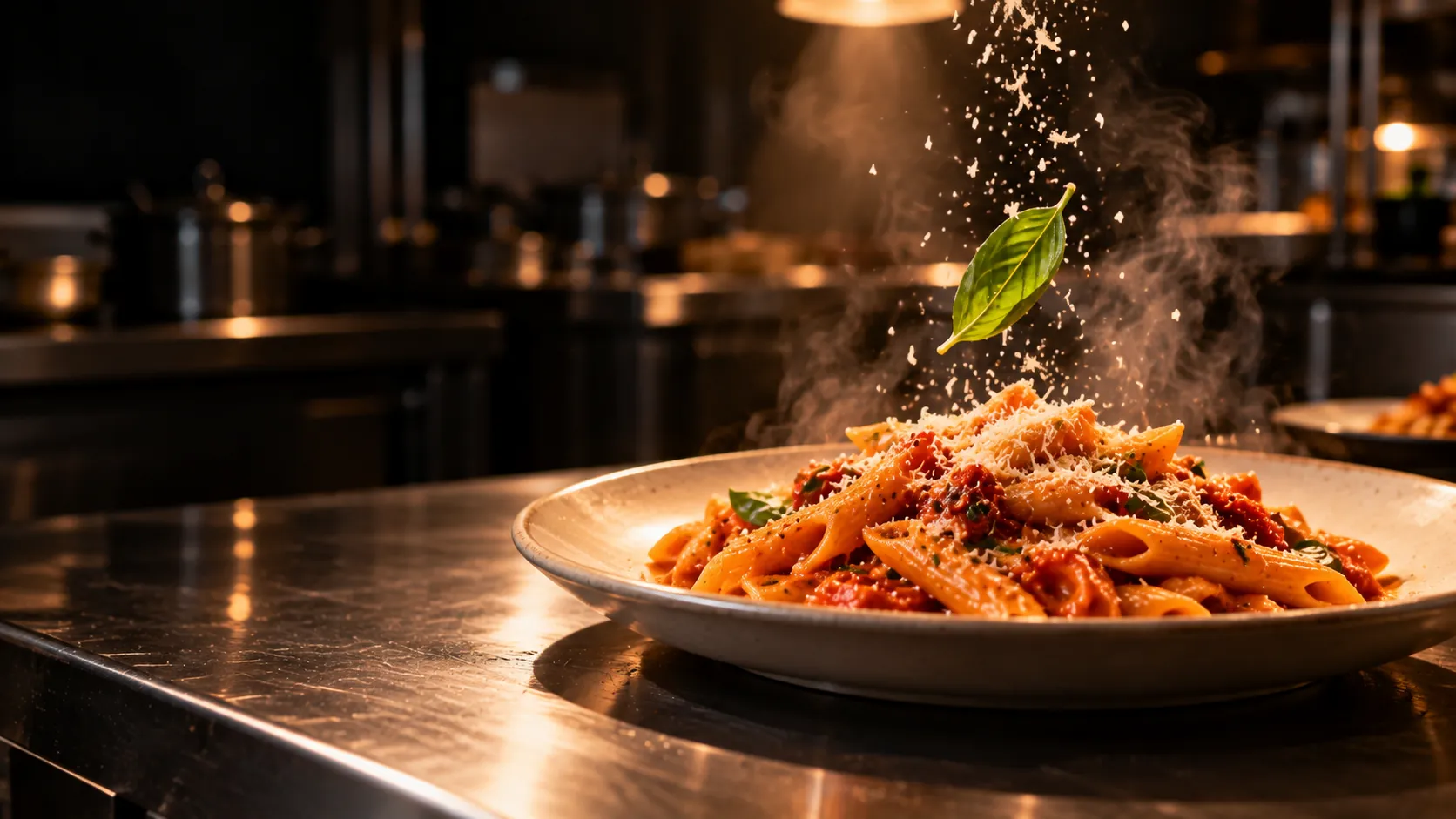 La finition d'une assiette de penne : une feuille de basilic et du parmesan tombent sur le plat.