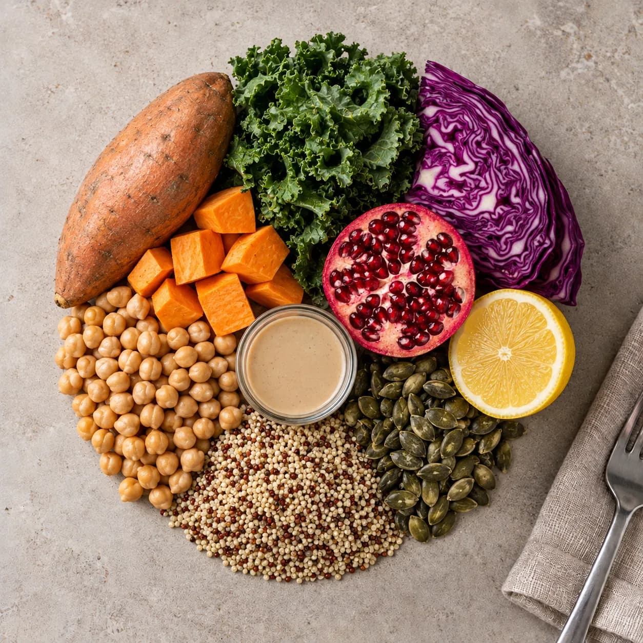 Les ingrédients crus disposés en cercle sur une table en pierre : patate douce, pois chiches, quinoa, kale, chou rouge, grenade, citron, tahini.