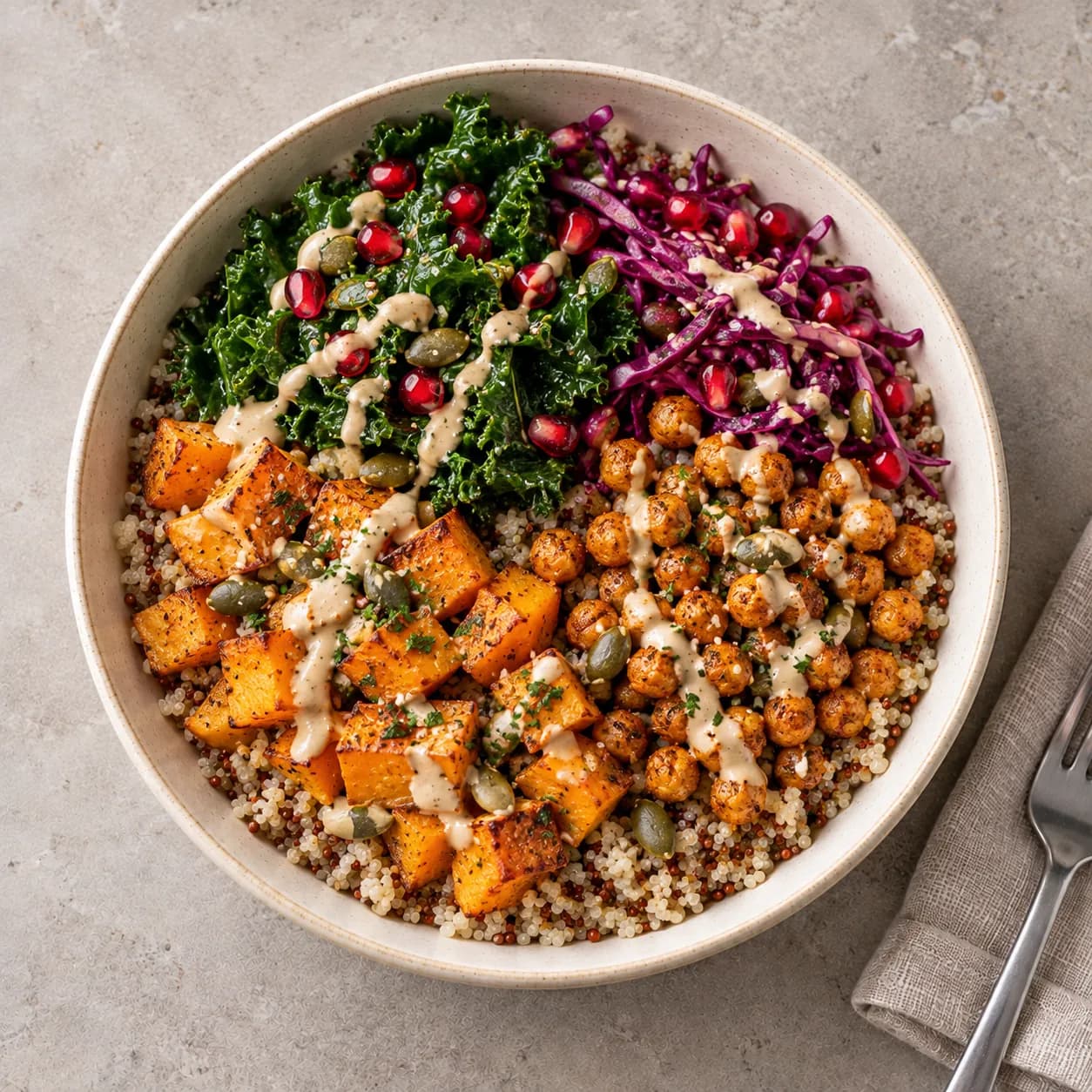 Le même bowl cuisiné vu de dessus : patate douce rôtie, pois chiches au paprika, kale, chou rouge, grenade, sauce tahini.