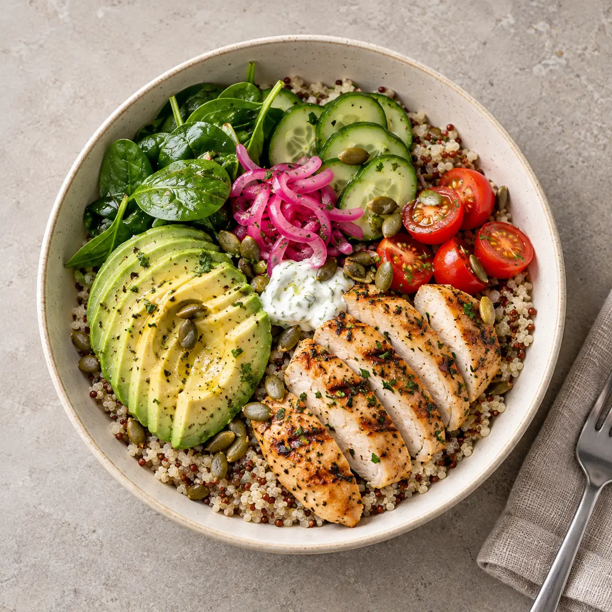 Bowl poulet grillé, quinoa, avocat, vue de dessus sur une table en pierre claire (image d'illustration).