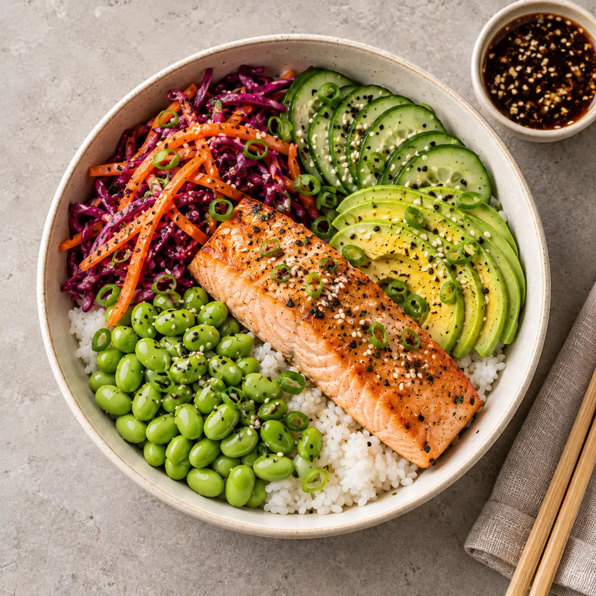 Bowl saumon rôti, riz, edamame, vue de dessus sur une table en pierre claire (image d'illustration).