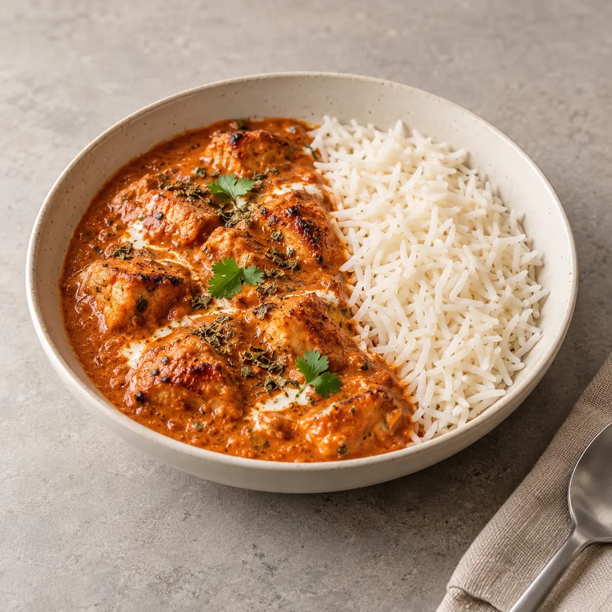 Butter chicken, riz basmati, vue de trois quarts sur une table en pierre claire (image d'illustration).