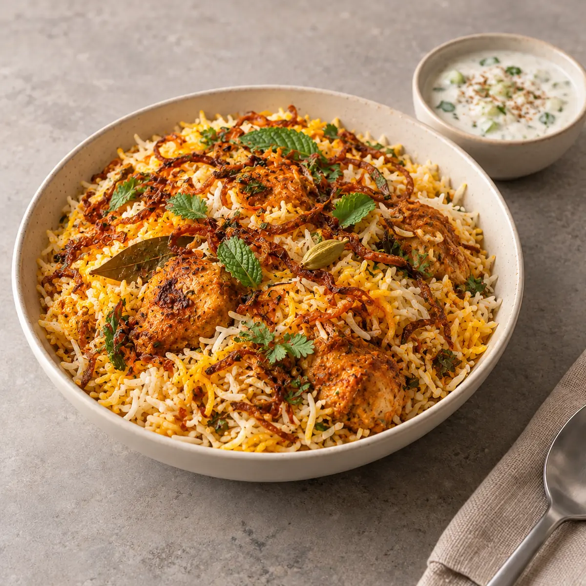 Biryani au poulet, raïta, vue de trois quarts sur une table en pierre claire (image d'illustration).