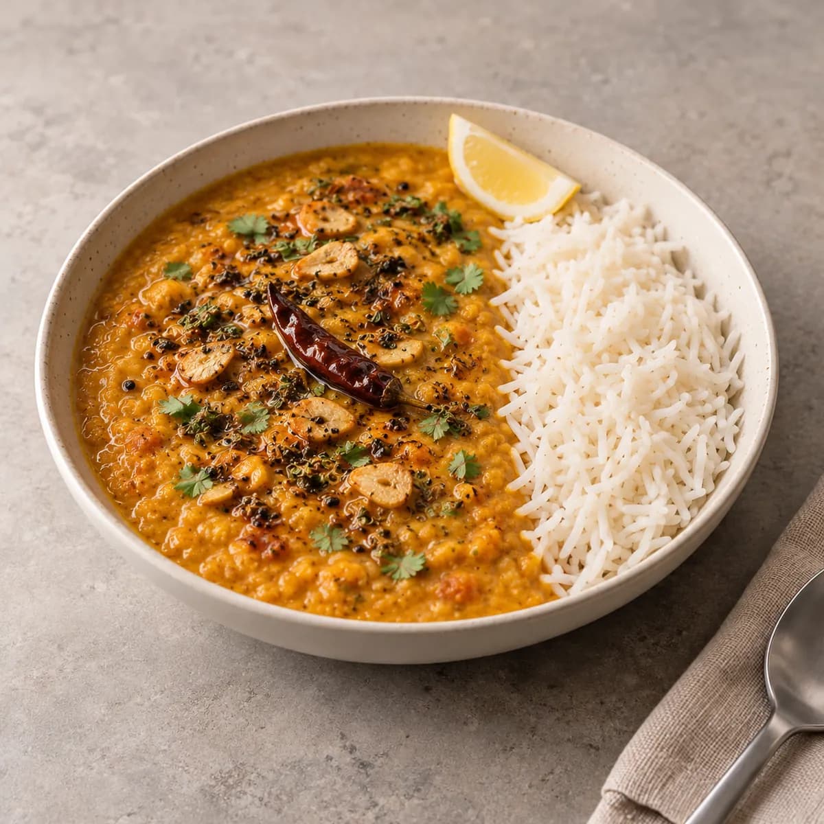 Dal de lentilles corail, riz basmati, vue de trois quarts sur une table en pierre claire (image d'illustration).
