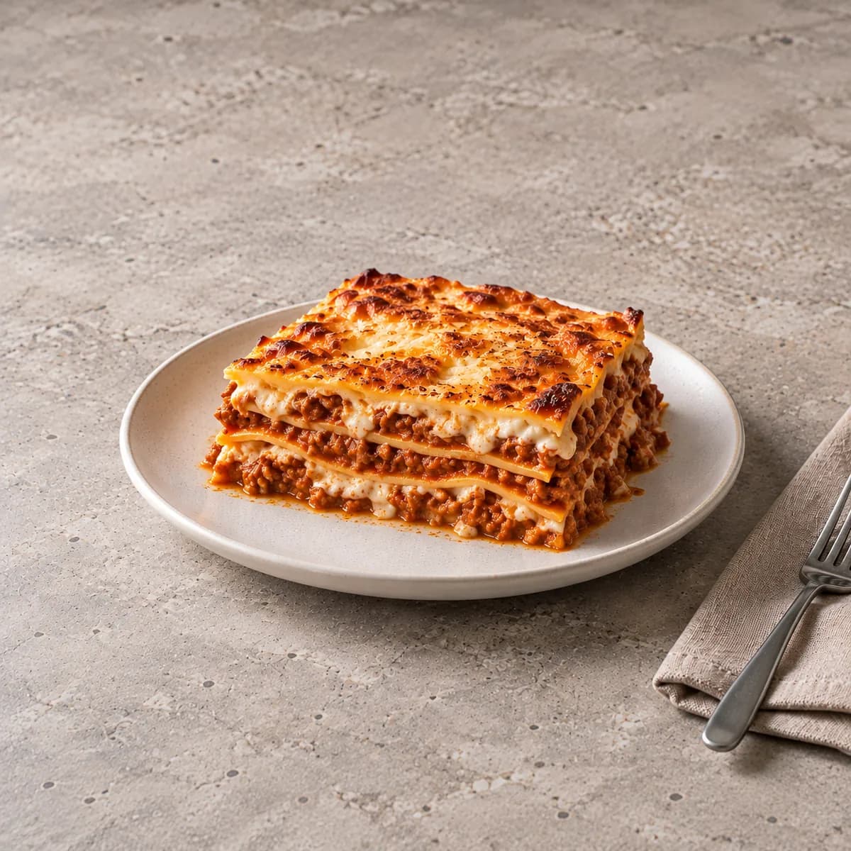 Lasagnes à la bolognaise, vue rasante sur une table en pierre claire (image d'illustration).