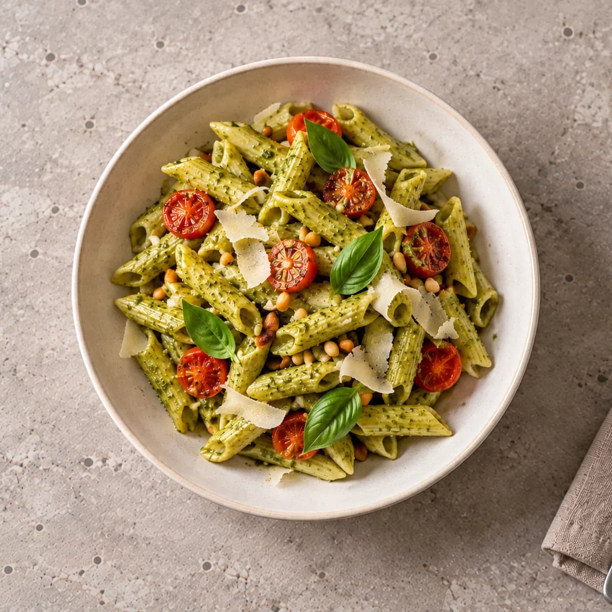 Penne au pesto, tomates cerises, vue de dessus sur une table en pierre claire (image d'illustration).