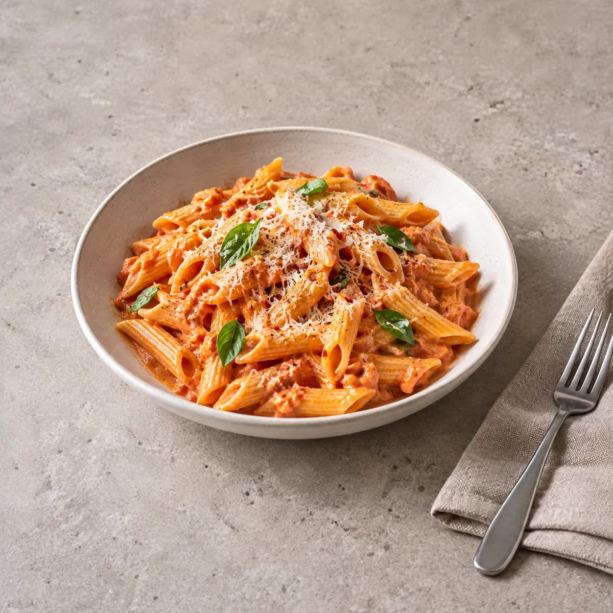 Penne alla vodka, vue de trois quarts sur une table en pierre claire (image d'illustration).