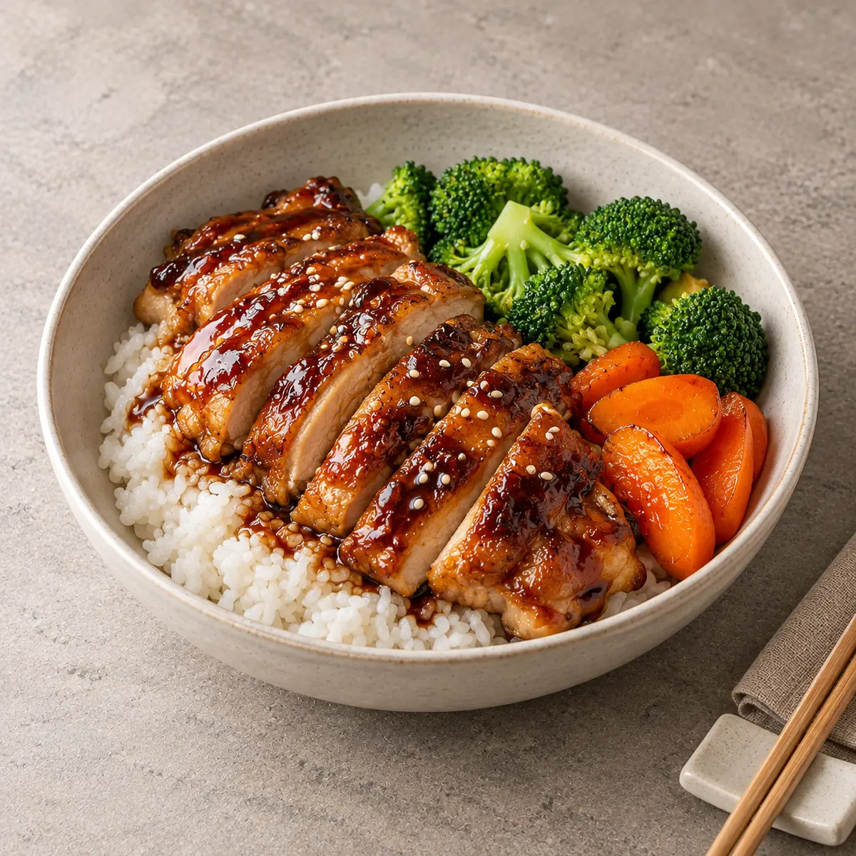 Poulet teriyaki, riz japonais, vue de trois quarts sur une table en pierre claire (image d'illustration).