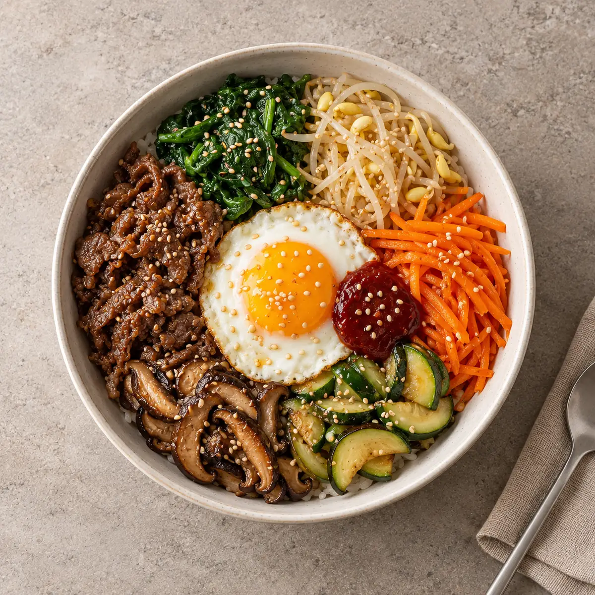 Bibimbap au bœuf, vue de dessus sur une table en pierre claire (image d'illustration).