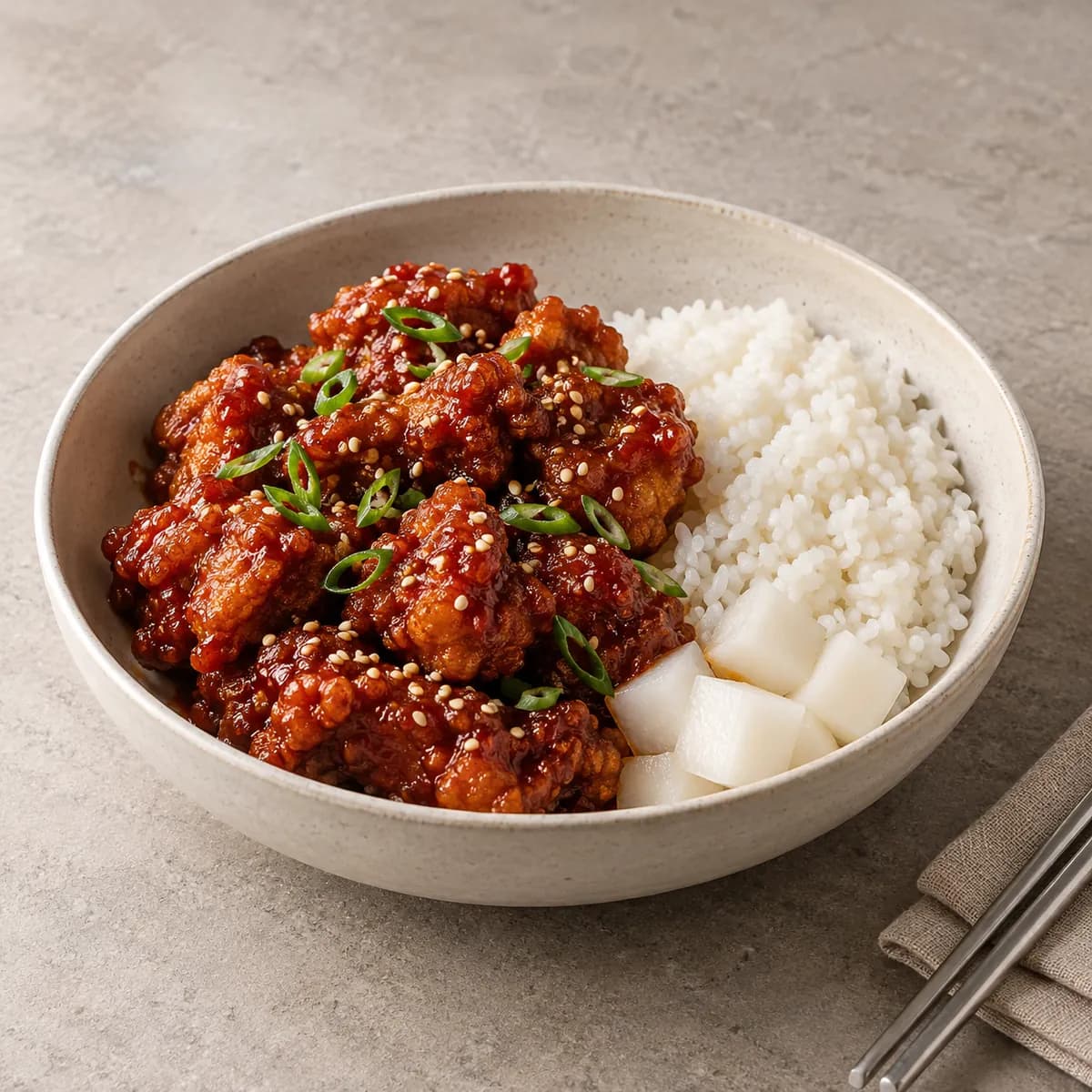 Poulet frit coréen sauce gochujang, riz, vue de trois quarts sur une table en pierre claire (image d'illustration).