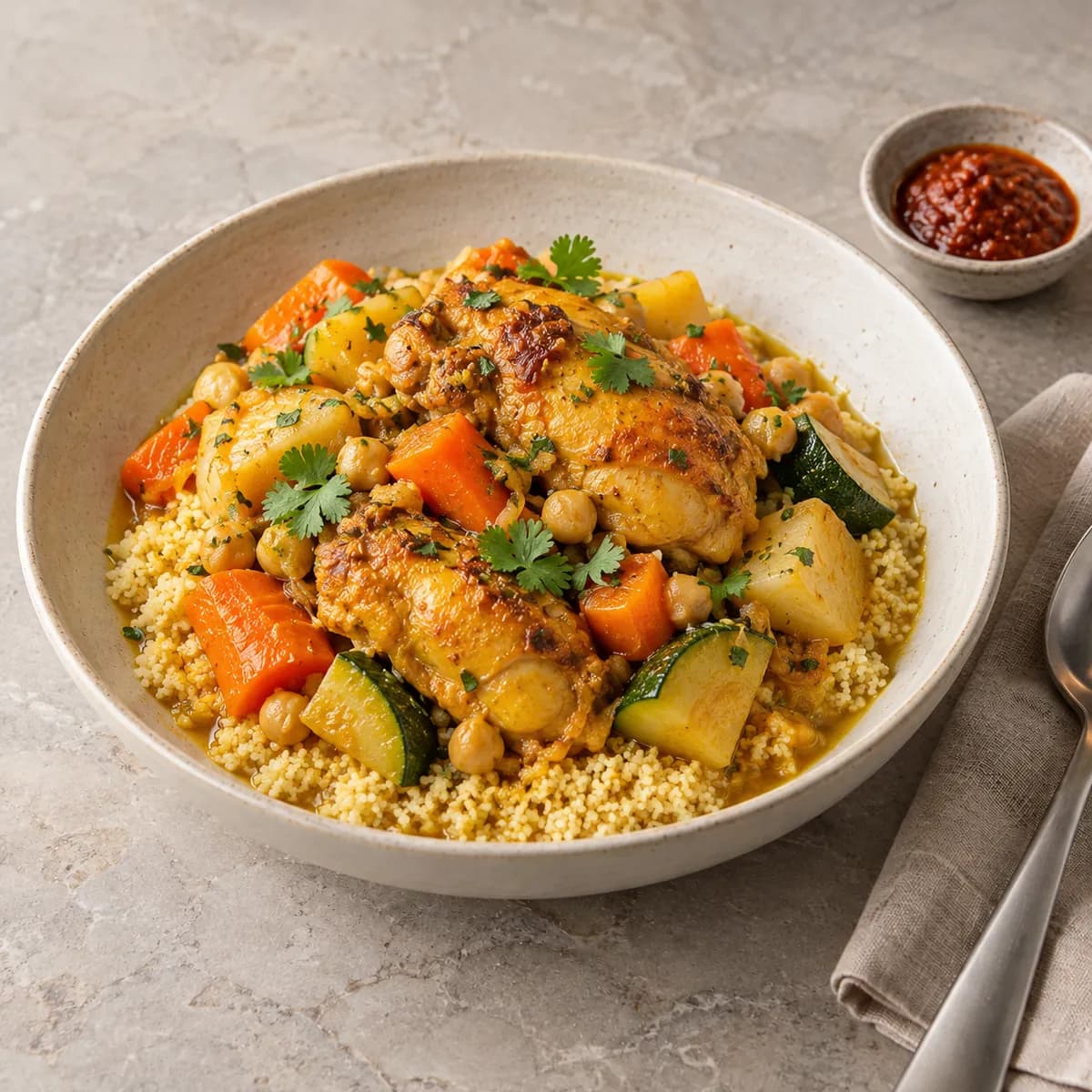 Couscous au poulet et légumes, vue de trois quarts sur une table en pierre claire (image d'illustration).