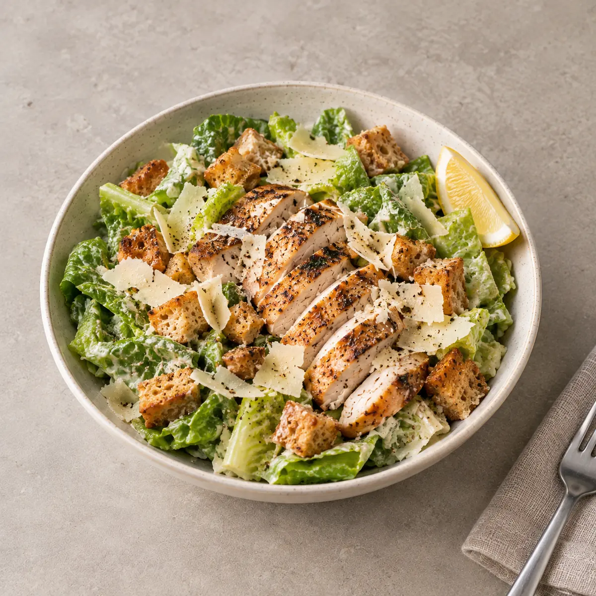 Salade César au poulet, vue de trois quarts sur une table en pierre claire (image d'illustration).