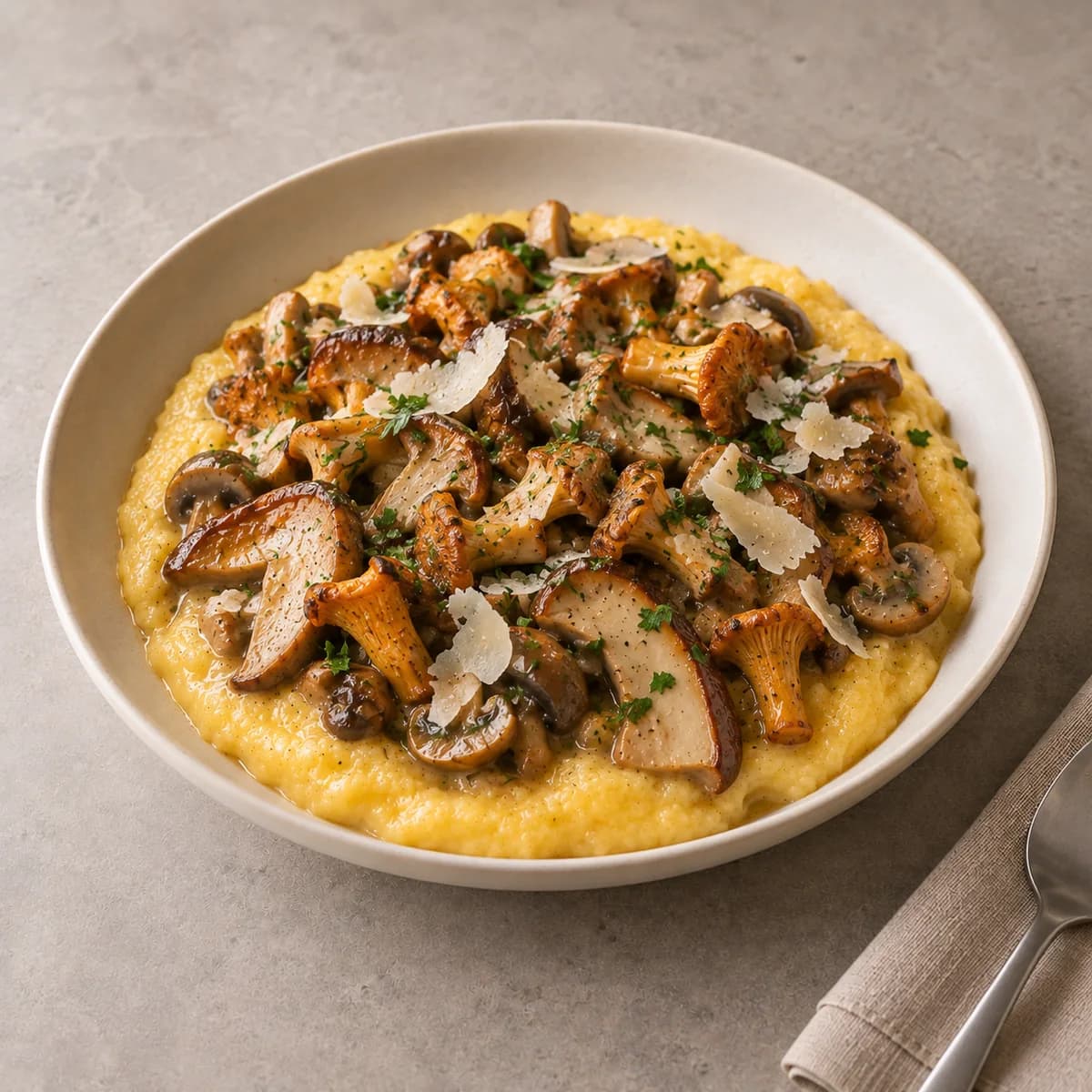 Polenta tessinoise aux champignons, vue de trois quarts sur une table en pierre claire (image d'illustration).