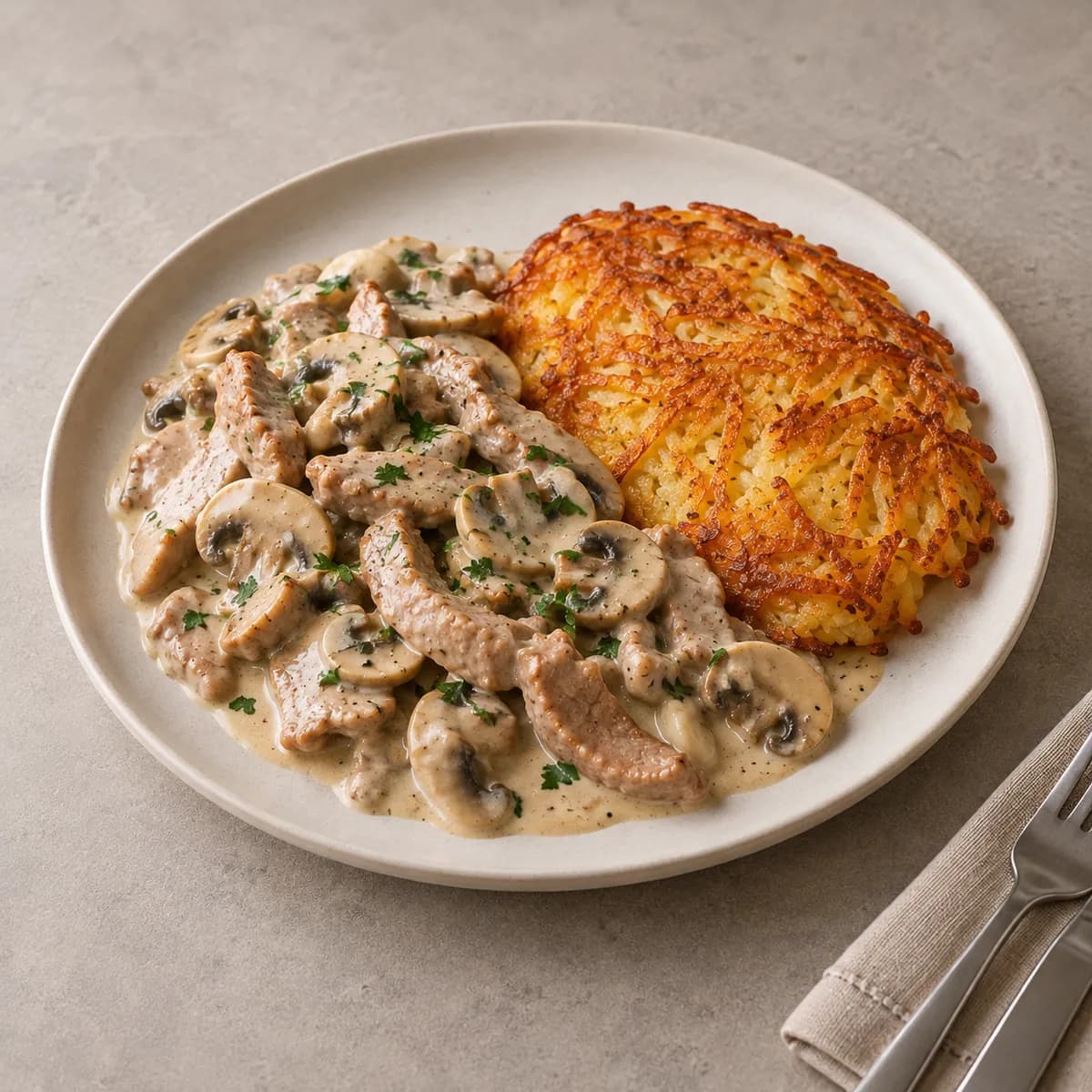 Émincé de veau à la zurichoise, rösti, vue de trois quarts sur une table en pierre claire (image d'illustration).