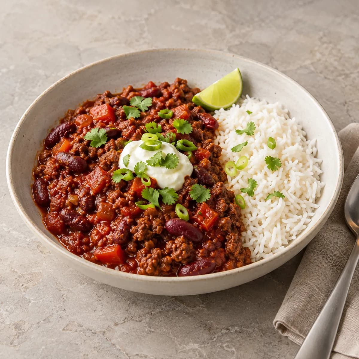 Chili con carne, riz, vue de trois quarts sur une table en pierre claire (image d'illustration).