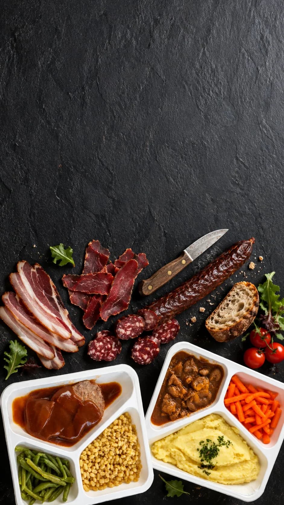 Sur une ardoise sombre, deux plats préparés en barquette — émincé de porc, purée et carottes ; rôti haché de porc et bœuf, haricots verts — à côté d’une saucisse de bœuf fumée entière et en rondelles, de viande séchée de bœuf, de lard sec fumé, d’un morceau de pain, d’un couteau, de salade et de tomates cerises.