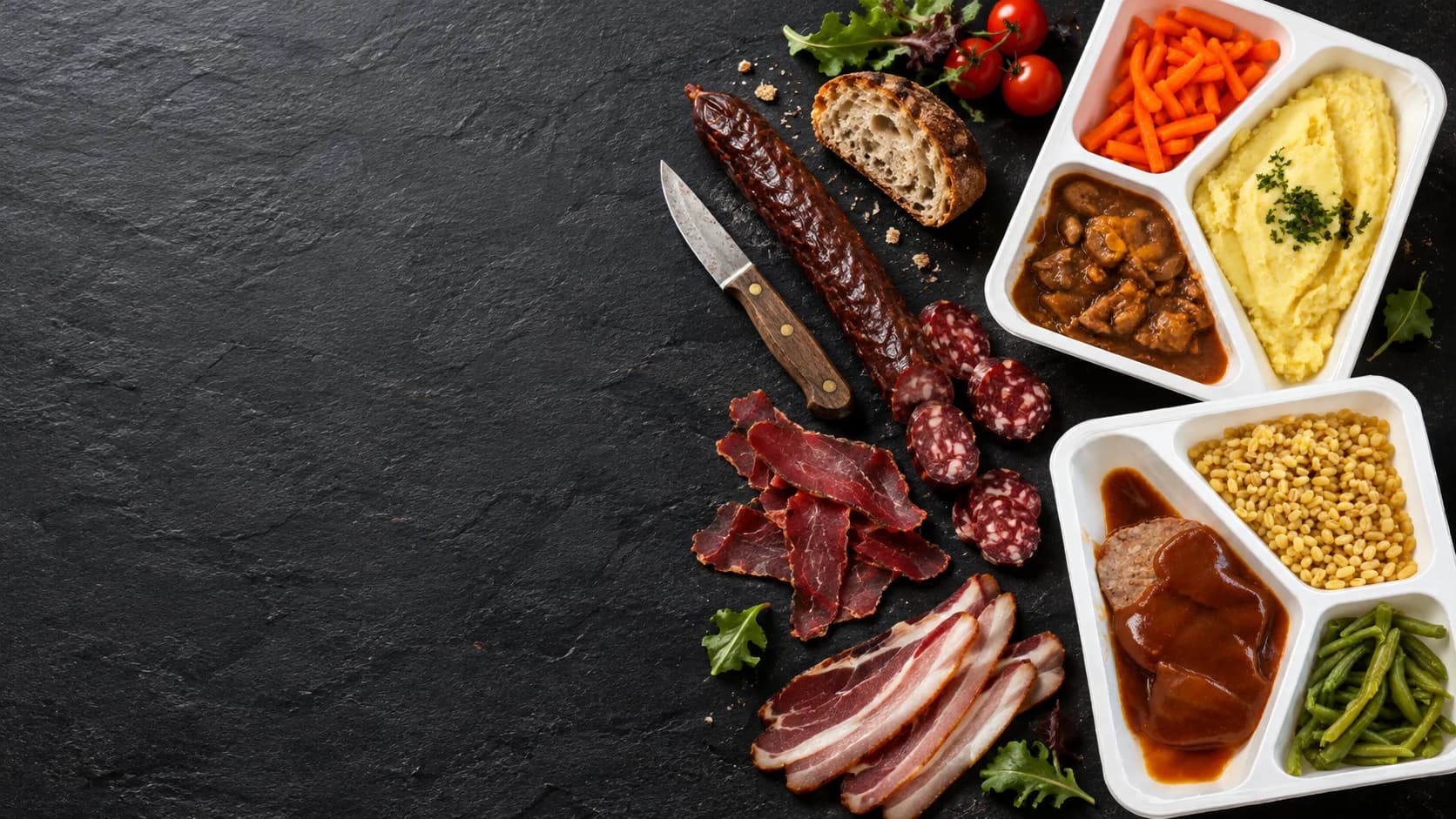 Sur une ardoise sombre, deux plats préparés en barquette — émincé de porc, purée et carottes ; rôti haché de porc et bœuf, haricots verts — à côté d’une saucisse de bœuf fumée entière et en rondelles, de viande séchée de bœuf, de lard sec fumé, d’un morceau de pain, d’un couteau, de salade et de tomates cerises.