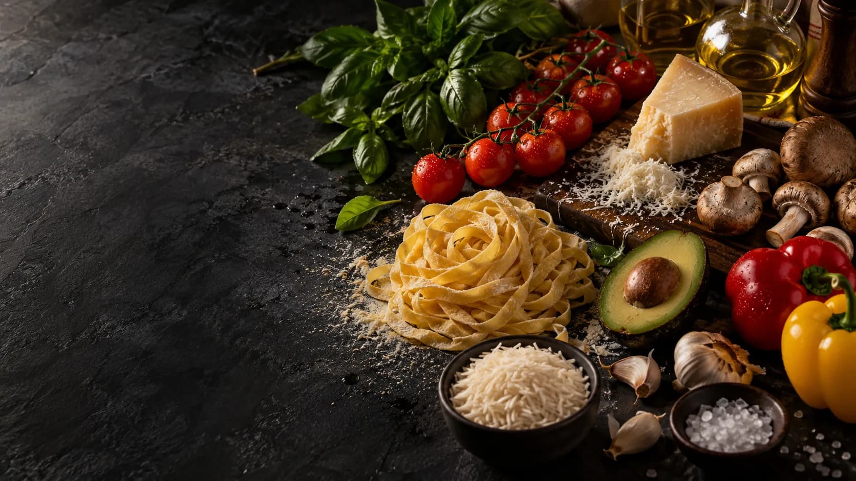 Des ingrédients frais sur une ardoise : tomates en grappe, basilic, parmesan, tagliatelles fraîches, champignons, poivrons, avocat, riz.